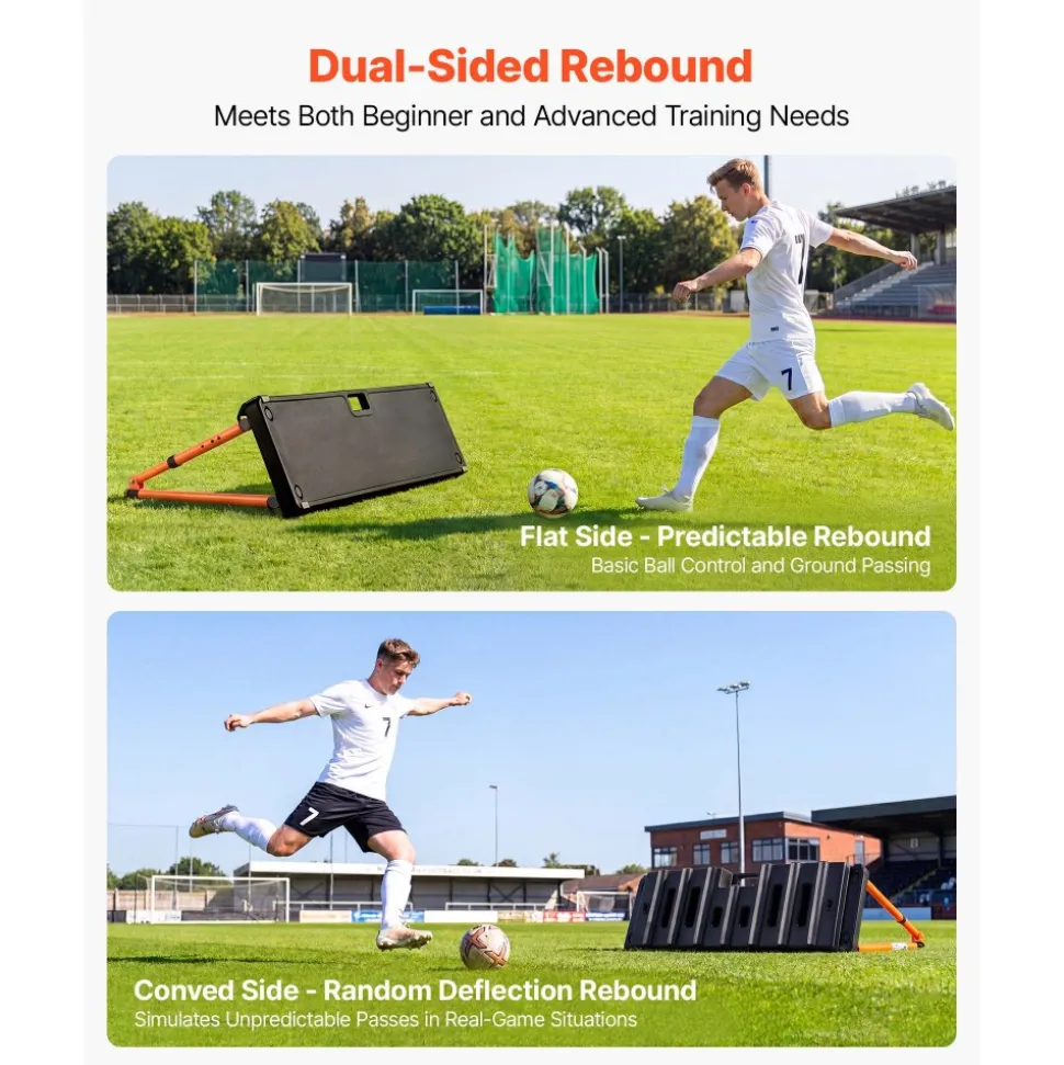 VEVOR Soccer Rebounder Board, 37.4 x 9.8 in Dual-Sided Soccer Rebound Wall, 4 Adjustable Angles, Portable Water-Fillable PE Kickback Trainer, Ground Stakes for Kids Adults, Passing & Shooting Practice