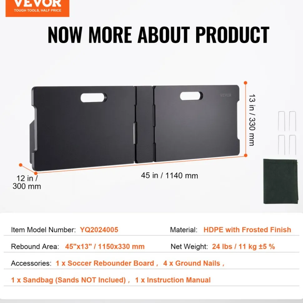 VEVOR Soccer Rebounder Board, 45"X13" Portable Soccer Wall with 2 Angles Rebound, Foldable HDPE Kickback Rebound Board, Soccer Training Equipment for Kids and Adults, Passing & Shooting Practice