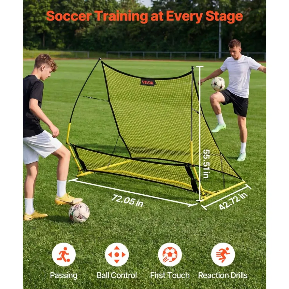 VEVOR Soccer Rebounder Net, 2-in-1 Soccer Goal Rebounder, Thickened Fiberglass Poles Iron Pipe for Team Solo Control, Passing Practice, Easy Setup Ball Training Equipment for Teens & Adults, 72" x 43"