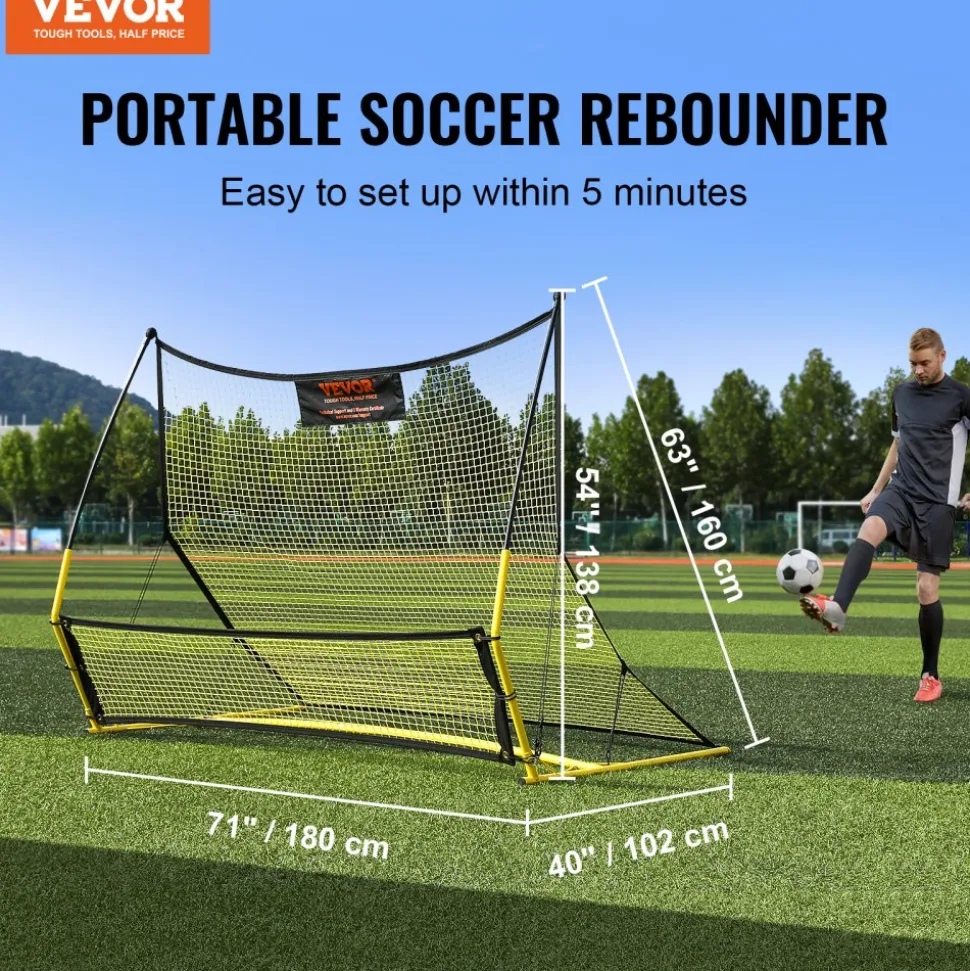 VEVOR Soccer Trainer, 2-IN-1 Portable Soccer Rebounder Net, 71"x40" Iron Soccer Practice Equipment, Sports Football Rebounder Wall with Portable Bag, Perfect for Team Solo Training, Passing, Volley
