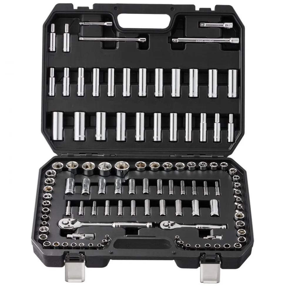 VEVOR Socket Set, 1/4" and 3/8" Drive Socket and Ratchet Set, 6-Point Socket Opening, 106 Pcs Tool Set SAE and Metric, Deep and Standard Sockets, 5/32-1 in, 5-19 mm, with Accessories, Storage Case