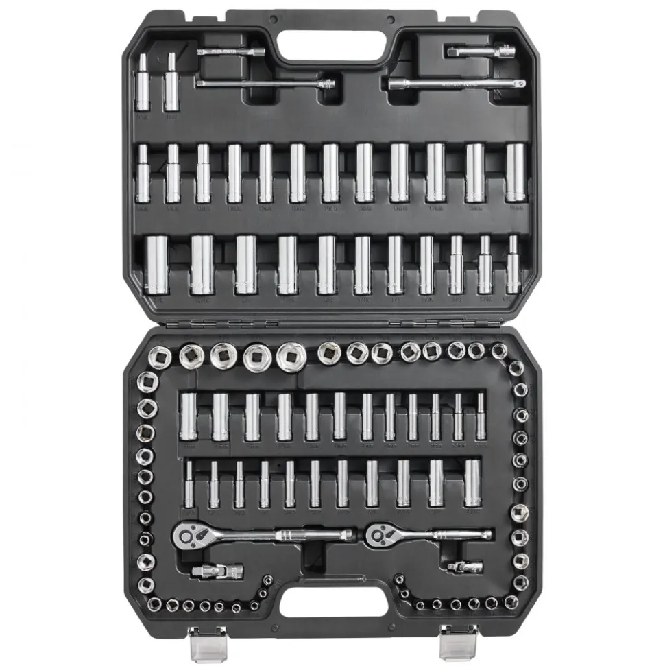 VEVOR Socket Set, 1/4" and 3/8" Drive Socket and Ratchet Set, 6-Point Socket Opening, 106 Pcs Tool Set SAE and Metric, Deep and Standard Sockets, 5/32-1 in, 5-19 mm, with Accessories, Storage Case