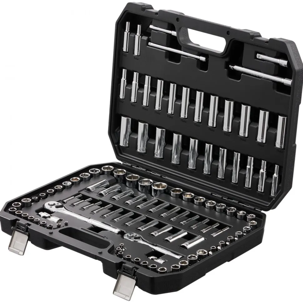 VEVOR Socket Set, 1/4" and 3/8" Drive Socket and Ratchet Set, 6-Point Socket Opening, 106 Pcs Tool Set SAE and Metric, Deep and Standard Sockets, 5/32-1 in, 5-19 mm, with Accessories, Storage Case