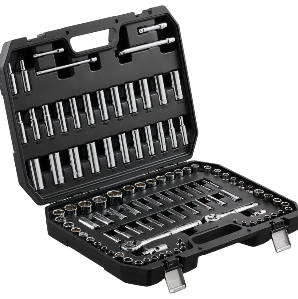 VEVOR Socket Set, 1/4" and 3/8" Drive Socket and Ratchet Set, 6-Point Socket Opening, 106 Pcs Tool Set SAE and Metric, Deep and Standard Sockets, 5/32-1 in, 5-19 mm, with Accessories, Storage Case