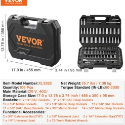VEVOR Socket Set, 1/4