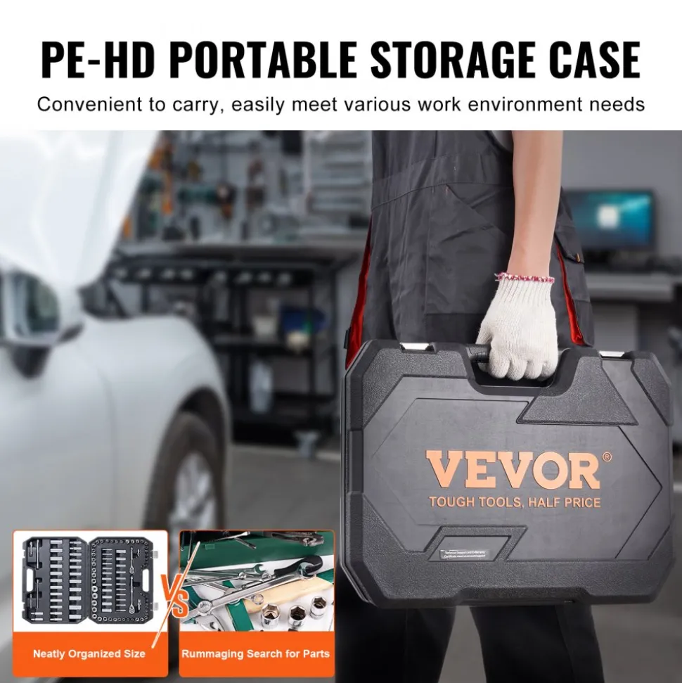 VEVOR Socket Set, 1/4" and 3/8" Drive Socket and Ratchet Set, 6-Point Socket Opening, 106 Pcs Tool Set SAE and Metric, Deep and Standard Sockets, 5/32-1 in, 5-19 mm, with Accessories, Storage Case