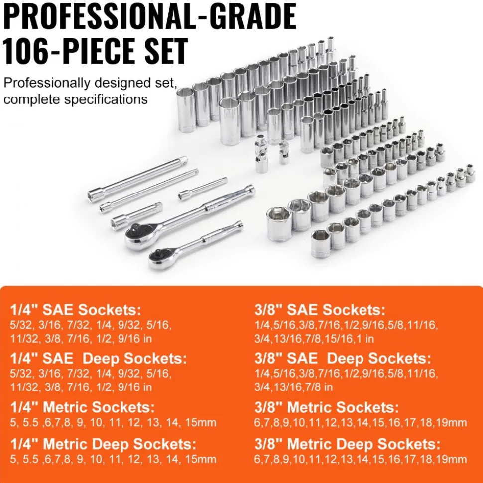 VEVOR Socket Set, 1/4" and 3/8" Drive Socket and Ratchet Set, 6-Point Socket Opening, 106 Pcs Tool Set SAE and Metric, Deep and Standard Sockets, 5/32-1 in, 5-19 mm, with Accessories, Storage Case
