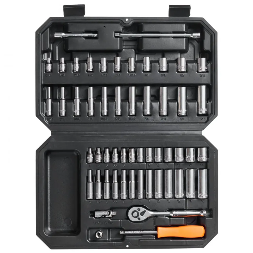 VEVOR Socket Set, 1/4 Inch Drive Socket and Ratchet Set, 6-Point Socket Opening, 54 Pieces Tool Set SAE and Metric, Deep and Standard Sockets, 5/32-9/16 in, 4-14 mm, with Accessories, Storage Case