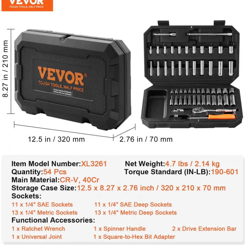 VEVOR Socket Set, 1/4 Inch Drive Socket and Ratchet Set, 6-Point Socket Opening, 54 Pieces Tool Set SAE and Metric, Deep and Standard Sockets, 5/32-9/16 in, 4-14 mm, with Accessories, Storage Case