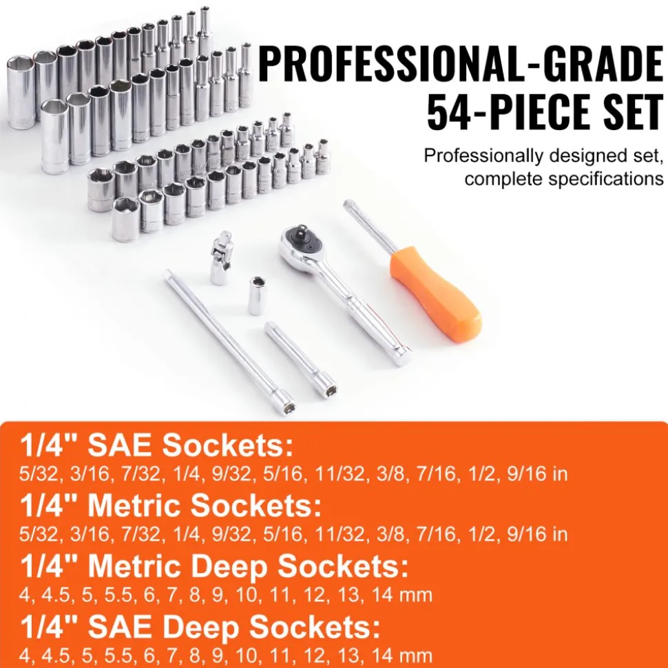 VEVOR Socket Set, 1/4 Inch Drive Socket and Ratchet Set, 6-Point Socket Opening, 54 Pieces Tool Set SAE and Metric, Deep and Standard Sockets, 5/32-9/16 in, 4-14 mm, with Accessories, Storage Case