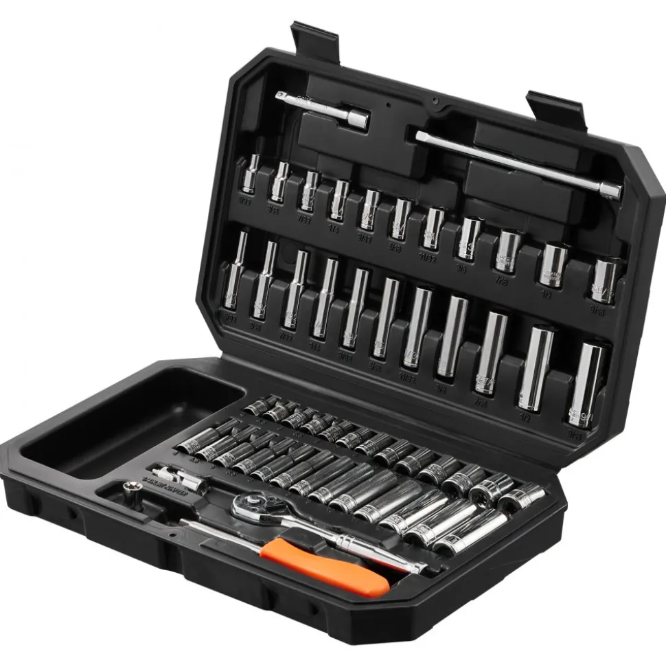 VEVOR Socket Set, 1/4 Inch Drive Socket and Ratchet Set, 6-Point Socket Opening, 54 Pieces Tool Set SAE and Metric, Deep and Standard Sockets, 5/32-9/16 in, 4-14 mm, with Accessories, Storage Case