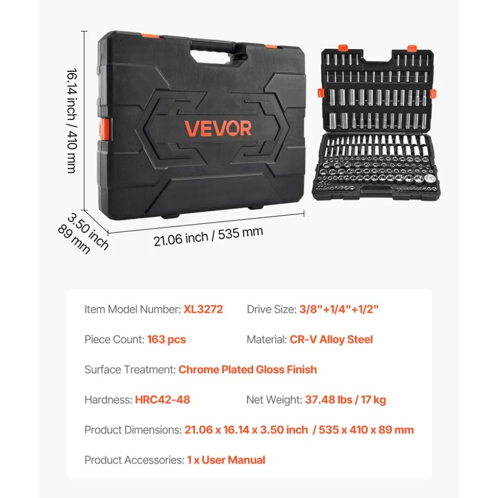 VEVOR Socket Set, 163 Pieces, 3/8 & 1/4 & 1/2 inch Drive Socket Tool Set, SAE and Metric, Deep and Standard, Mechanic Tool Kit with Storage Case, Chrome Plated CR-V Alloy Steel, for Automotive Repair