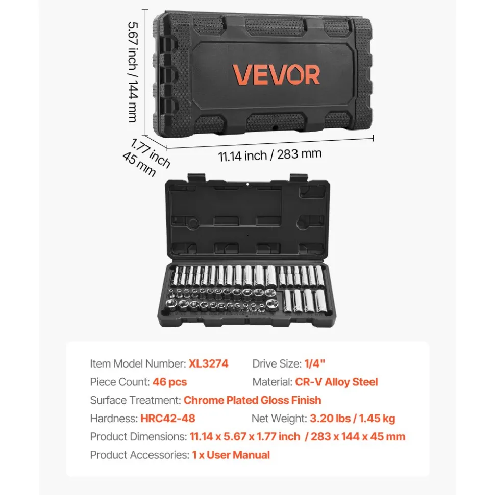 VEVOR Socket Set, 46 Pieces, 1/4 inch Drive Socket Tool Set, SAE and Metric Size, Deep and Standard, Mechanic Tool Kit with Storage Case, Chrome Plated CR-V Alloy Steel, for Automotive Repair
