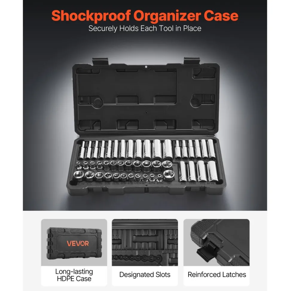 VEVOR Socket Set, 46 Pieces, 1/4 inch Drive Socket Tool Set, SAE and Metric Size, Deep and Standard, Mechanic Tool Kit with Storage Case, Chrome Plated CR-V Alloy Steel, for Automotive Repair