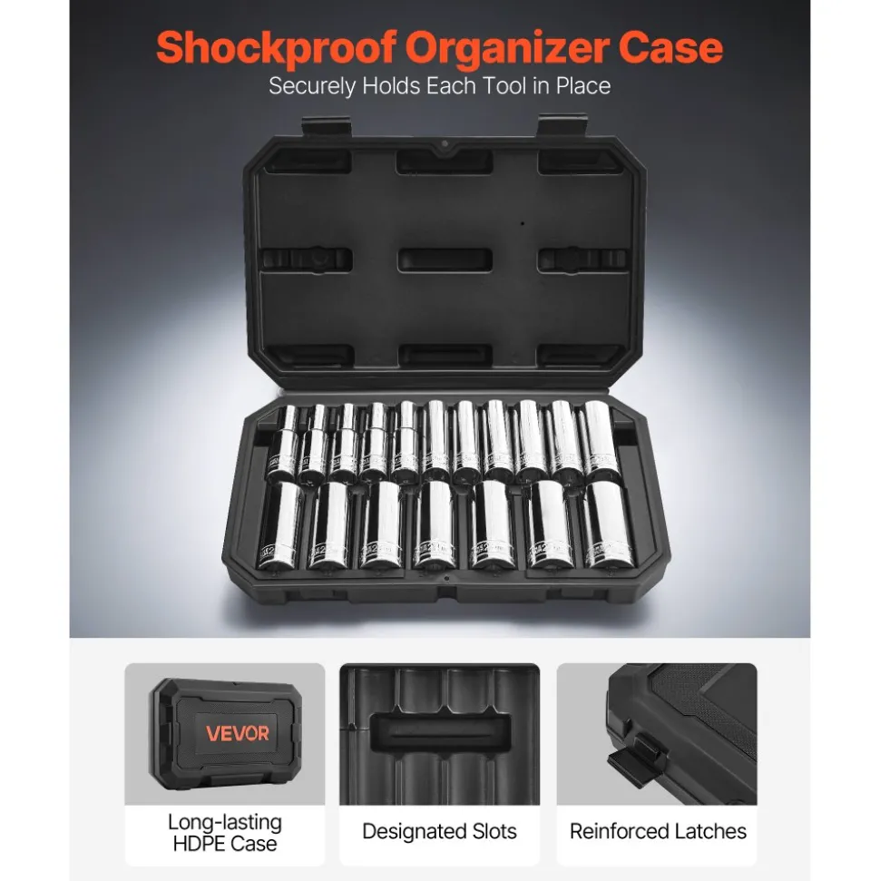 VEVOR Socket Set, 18 Pieces, 1/2 inch Drive Socket Tool Set, Metric Size from 10 to 27 mm, Mechanic Tool Kit with Storage Case, Clear Markings, Chrome Plated CR-V Alloy Steel, for Automotive Repair