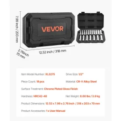VEVOR Socket Set, 18 Pieces, 1/2 inch Drive Socket Tool Set, Metric Size from 10 to 27 mm, Mechanic Tool Kit with Storage Case, Clear Markings, Chrome Plated CR-V Alloy Steel, for Automotive Repair