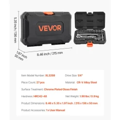 VEVOR Socket Set, 27 Pieces, 1/4 inch Drive Socket and Ratchet Set, SAE and Metric, Mechanic Tool Kit with Ratchet Wrench, Extension Bar and Storage Case, CR-V Alloy Steel, for Automotive Repair