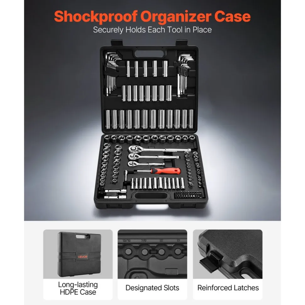 VEVOR Socket Set, 149 Pieces, 3/8 & 1/4 & 1/2 inch Drive Socket and Ratchet Set, SAE and Metric, Deep and Shallow, Mechanic Tool Kit with Bits, Accessories, Storage Case, CR-V Alloy Steel, for Repair