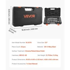 VEVOR Socket Set, 33 Pieces, 1/2 inch Drive Socket and Ratchet Set, SAE and Metric, Mechanic Tool Kit with Ratchet Wrench, Extension Bar and Storage Case, CR-V Alloy Steel, for Automotive Repair