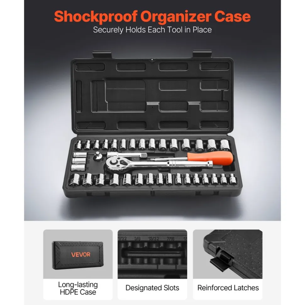 VEVOR Socket Set, 39 Pieces, 3/8 & 1/4 inch Drive Socket and Ratchet Set, SAE and Metric Size, Mechanic Tool Kit with Ratchet Wrench, Accessories, Storage Case, CR-V Alloy Steel, for Automotive Repair