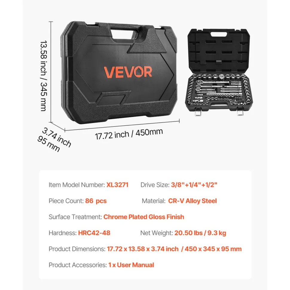 VEVOR Socket Set, 86 Pieces, 3/8 & 1/4 & 1/2 inch Drive Socket and Ratchet Set, SAE and Metric, Mechanic Tool Kit with Ratchet Wrench, Accessories and Storage Case, CR-V Alloy Steel, for Auto Repair