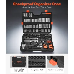 VEVOR Socket Set, 225 Pieces, 3/8 & 1/4 & 1/2 inch Drive Socket and Ratchet Set, SAE and Metric, Deep and Shallow, Mechanic Tool Kit with Bits, Accessories, Storage Case, CR-V Alloy Steel, for Repair