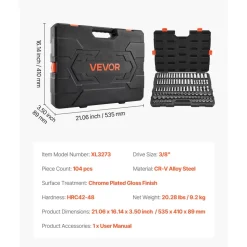 VEVOR Socket Set, 104 Pieces, 3/8 inch Drive Socket Tool Set, Metric Size from 6 to 24 mm, Deep and Standard, Mechanic Tool Kit with Storage Case, Chrome Plated CR-V Alloy Steel, for Automotive Repair