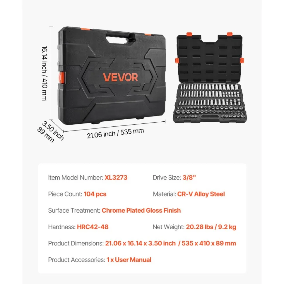 VEVOR Socket Set, 104 Pieces, 3/8 inch Drive Socket Tool Set, Metric Size from 6 to 24 mm, Deep and Standard, Mechanic Tool Kit with Storage Case, Chrome Plated CR-V Alloy Steel, for Automotive Repair