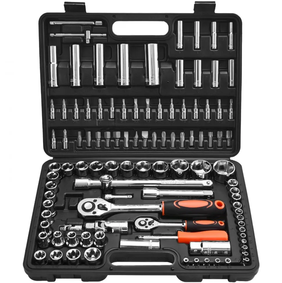 VEVOR Socket Set, 108 Pieces, 1/4 & 1/2 inch Drive Socket and Ratchet Set, Metric Size from 4 to 32 mm, Mechanic Tool Kit with Bits, Accessories, Storage Case, CR-V Alloy Steel, for Automotive Repair