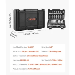 VEVOR Socket Set, 44 Pieces, 3/8 inch Drive Socket and Ratchet Set, SAE and Metric, Deep and Shallow, Mechanic Tool Kit with Accessories and Storage Case, CR-V Alloy Steel, for Automotive Repair