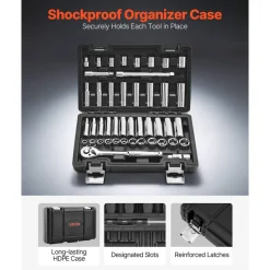 VEVOR Socket Set, 44 Pieces, 3/8 inch Drive Socket and Ratchet Set, SAE and Metric, Deep and Shallow, Mechanic Tool Kit with Accessories and Storage Case, CR-V Alloy Steel, for Automotive Repair