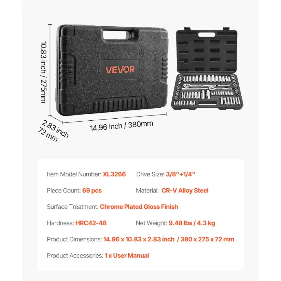 VEVOR Socket Set, 69 Pieces, 3/8 & 1/4 inch Drive Socket and Ratchet Set, SAE and Metric, Deep and Standard, Mechanic Tool Kit with Accessories and Storage Case, CR-V Alloy Steel, for Auto Repair