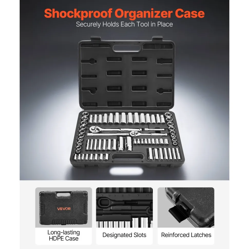 VEVOR Socket Set, 69 Pieces, 3/8 & 1/4 inch Drive Socket and Ratchet Set, SAE and Metric, Deep and Standard, Mechanic Tool Kit with Accessories and Storage Case, CR-V Alloy Steel, for Auto Repair