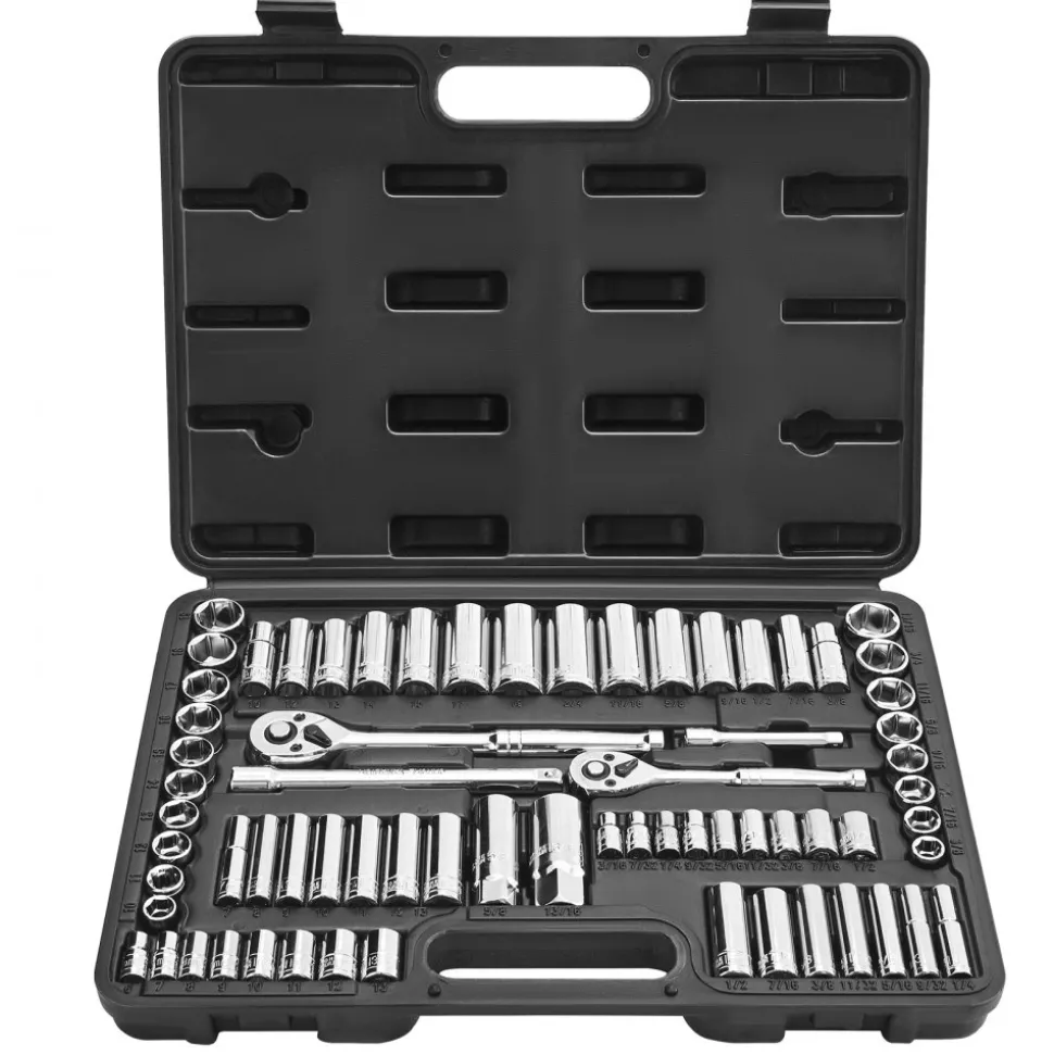 VEVOR Socket Set, 69 Pieces, 3/8 & 1/4 inch Drive Socket and Ratchet Set, SAE and Metric, Deep and Standard, Mechanic Tool Kit with Accessories and Storage Case, CR-V Alloy Steel, for Auto Repair