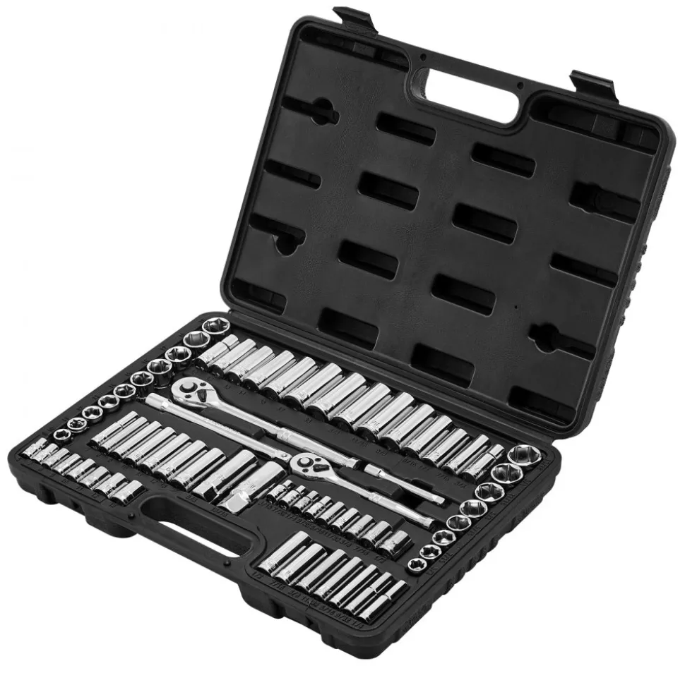 VEVOR Socket Set, 69 Pieces, 3/8 & 1/4 inch Drive Socket and Ratchet Set, SAE and Metric, Deep and Standard, Mechanic Tool Kit with Accessories and Storage Case, CR-V Alloy Steel, for Auto Repair