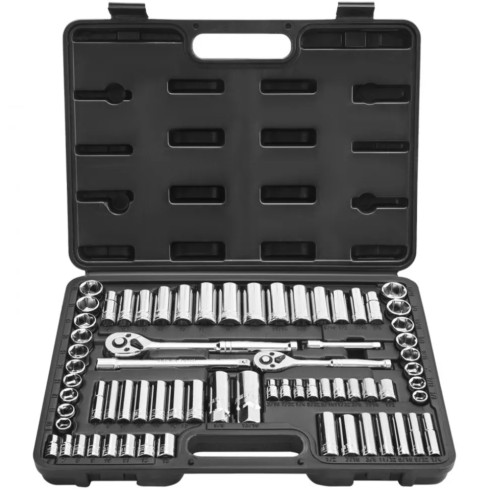 VEVOR Socket Set, 69 Pieces, 3/8 & 1/4 inch Drive Socket and Ratchet Set, SAE and Metric, Deep and Standard, Mechanic Tool Kit with Accessories and Storage Case, CR-V Alloy Steel, for Auto Repair