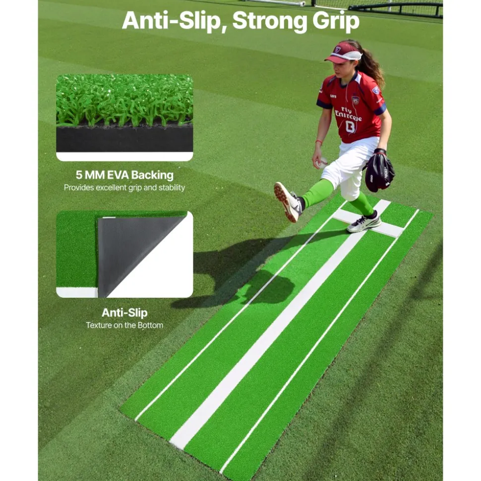 VEVOR Softball Pitching Mat, 10x3 ft Baseball Pitching Rubber Mound, Antifade Turf and Antislip Foam Backing Portable Training Aid, Fastpitch Equipment for Pitchers Indoor Outdoor Practice, Green