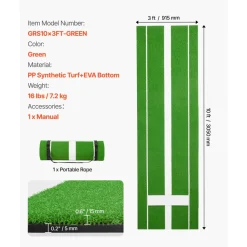 VEVOR Softball Pitching Mat, 10x3 ft Baseball Pitching Rubber Mound, Antifade Turf and Antislip Foam Backing Portable Training Aid, Fastpitch Equipment for Pitchers Indoor Outdoor Practice, Green