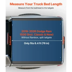VEVOR Soft Quad-Fold Truck Bed Tonneau Cover, Compatible with 2019-2026 Dodge Ram 1500 (Incl. Classic & New) 6.4 ft (76 in) Bed Without Rambox, Split Tailgate, Waterproof Folding Truck Tonneau Cover