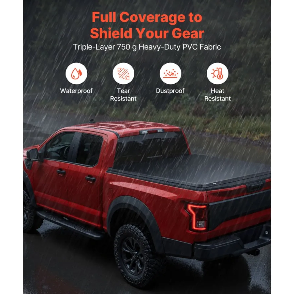 VEVOR Soft Roll-Up Truck Bed Tonneau Cover, Compatible with 2017-2026 Honda Ridgeline, Fits 5 ft (5 ft 4 in/64 in) Bed, Triple-Layer Heavy-Duty PVC Tonneau Cover with Three Aluminum Alloy Support Bars