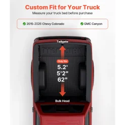 VEVOR Soft Roll-Up Truck Bed Tonneau Cover, Compatible with 2015-2026 Chevy Colorado/GMC Canyon CREW SHOR, Fits 5.2 ft (5 ft 2 in/62 in) Bed, PVC Tonneau Cover with Three Aluminum Alloy Support Bars