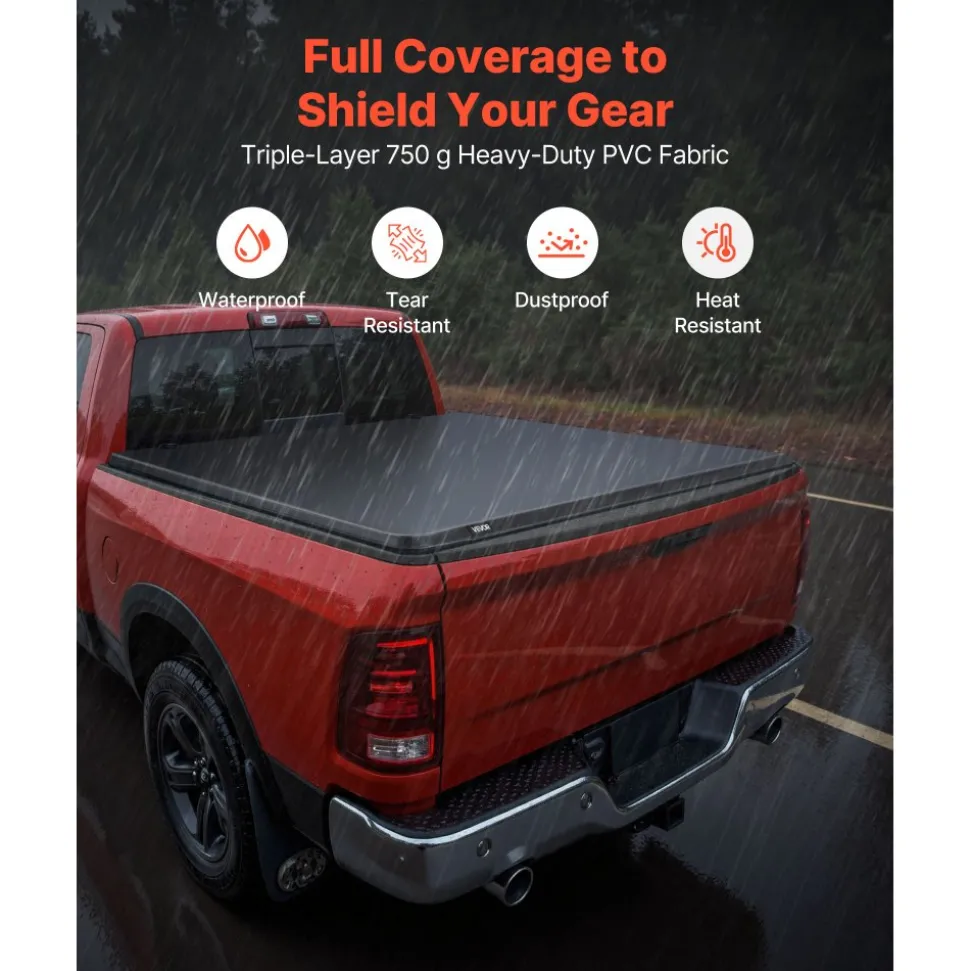 VEVOR Soft Roll-Up Truck Bed Tonneau Cover, Compatible with 2019-2024 Dodge Ram 1500 Classic, 2003-2025 Ram 2500 3500, Fits 6.4 ft (6 ft 4 in/76 in) Bed, PVC Tonneau Cover with Aluminum Alloy Bars