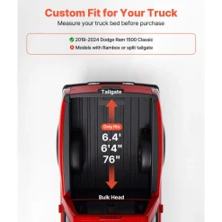 VEVOR Soft Roll-Up Truck Bed Tonneau Cover, Compatible with 2019-2024 Dodge Ram 1500 Classic, 2003-2025 Ram 2500 3500, Fits 6.4 ft (6 ft 4 in/76 in) Bed, PVC Tonneau Cover with Aluminum Alloy Bars