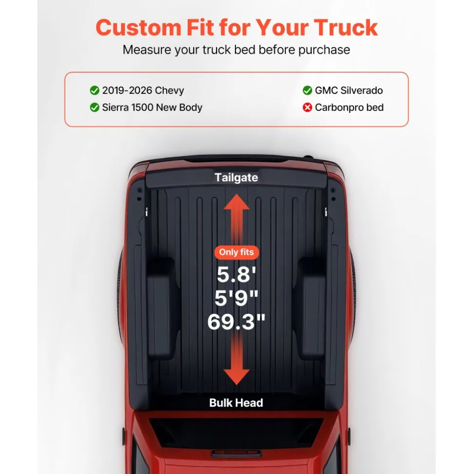 VEVOR Soft Roll-Up Truck Bed Tonneau Cover, Compatible with 2019-2026 Chevy Silverado/GMC Sierra 1500 New Body, Fits 5.8 ft (5 ft 9 in/69.3 in) Bed, PVC Tonneau Cover with Aluminum Alloy Support Bars
