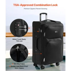 VEVOR Softside Expandable Luggage with Spinner Wheels, 28-Inch Softside Checked Large Luggage, Lightweight Checked Suitcase with Expandable Zippered Pocket and TSA Lock, Black