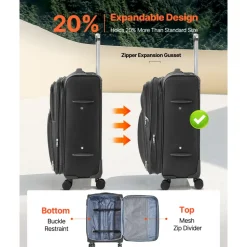 VEVOR Softside Expandable Luggage with Spinner Wheels, 24-Inch Softside Checked Medium Luggage, Lightweight Checked Suitcase with Expandable Zippered Pocket and TSA Lock, Black
