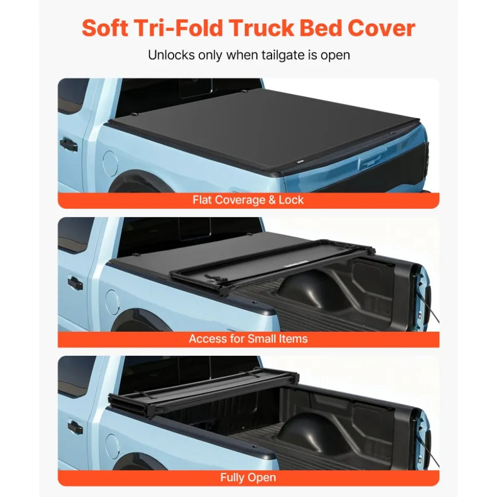 VEVOR Soft Tri-Fold Truck Bed Tonneau Cover, Compatible with 2016-2023 Toyota Tacoma (Excl. Trail Edition) 5 ft (60.5 in) Bed with Track Rail System, Fleetside, Waterproof Folding Truck Tonneau Cover