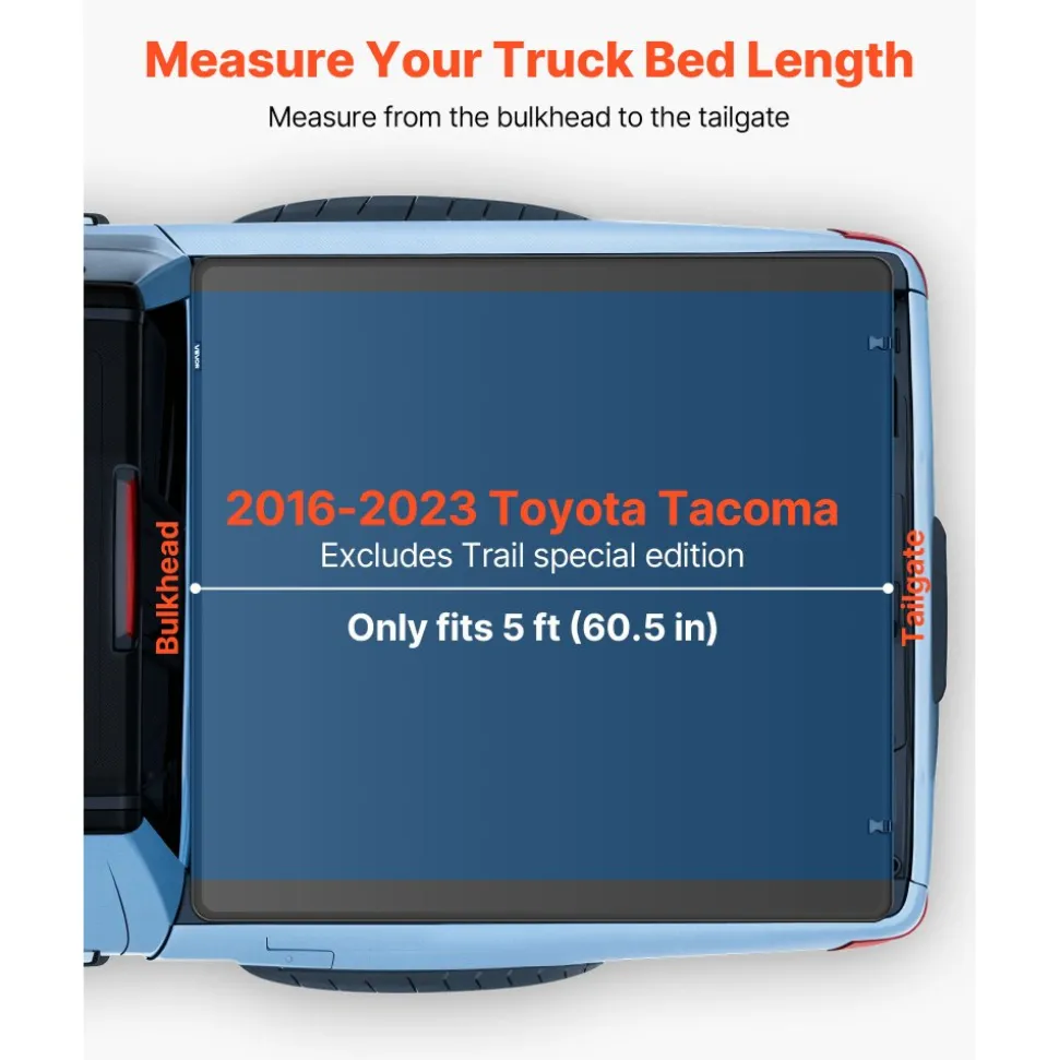 VEVOR Soft Tri-Fold Truck Bed Tonneau Cover, Compatible with 2016-2023 Toyota Tacoma (Excl. Trail Edition) 5 ft (60.5 in) Bed with Track Rail System, Fleetside, Waterproof Folding Truck Tonneau Cover