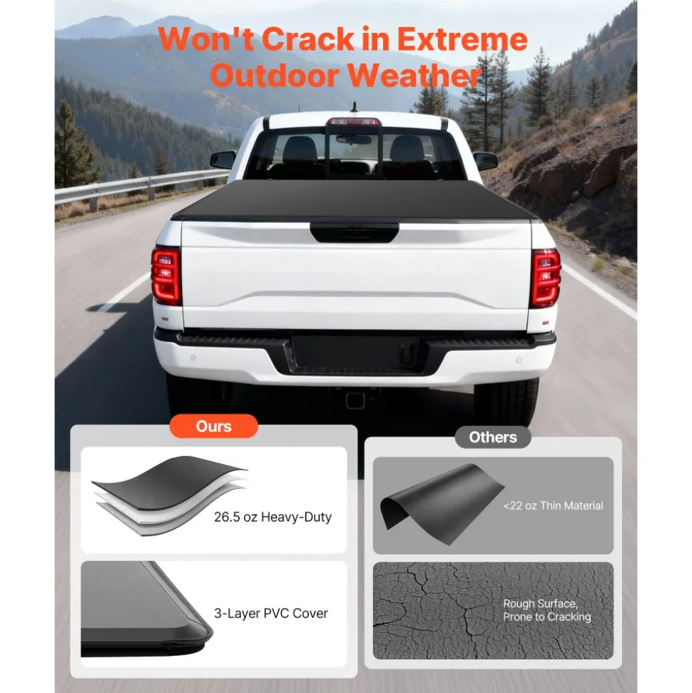 VEVOR Soft Tri-Fold Truck Bed Tonneau Cover, Compatible with 2015-2026 Ford F-150 5.5 ft (67.1 in) Bed, Waterproof Soft Folding Truck Tonneau Cover with 3-Layer PVC and Aluminum Alloy Support Bar