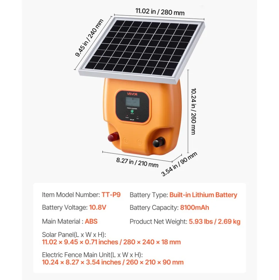 VEVOR Solar Fence Charger, 1J 10kV Solar Powered Fence Charger, 1.86 Miles Range, Electric Fence Energizer Kit, Keep Out Predators, 3 Days Runtime, for Livestock, Poultry, Garden Protection